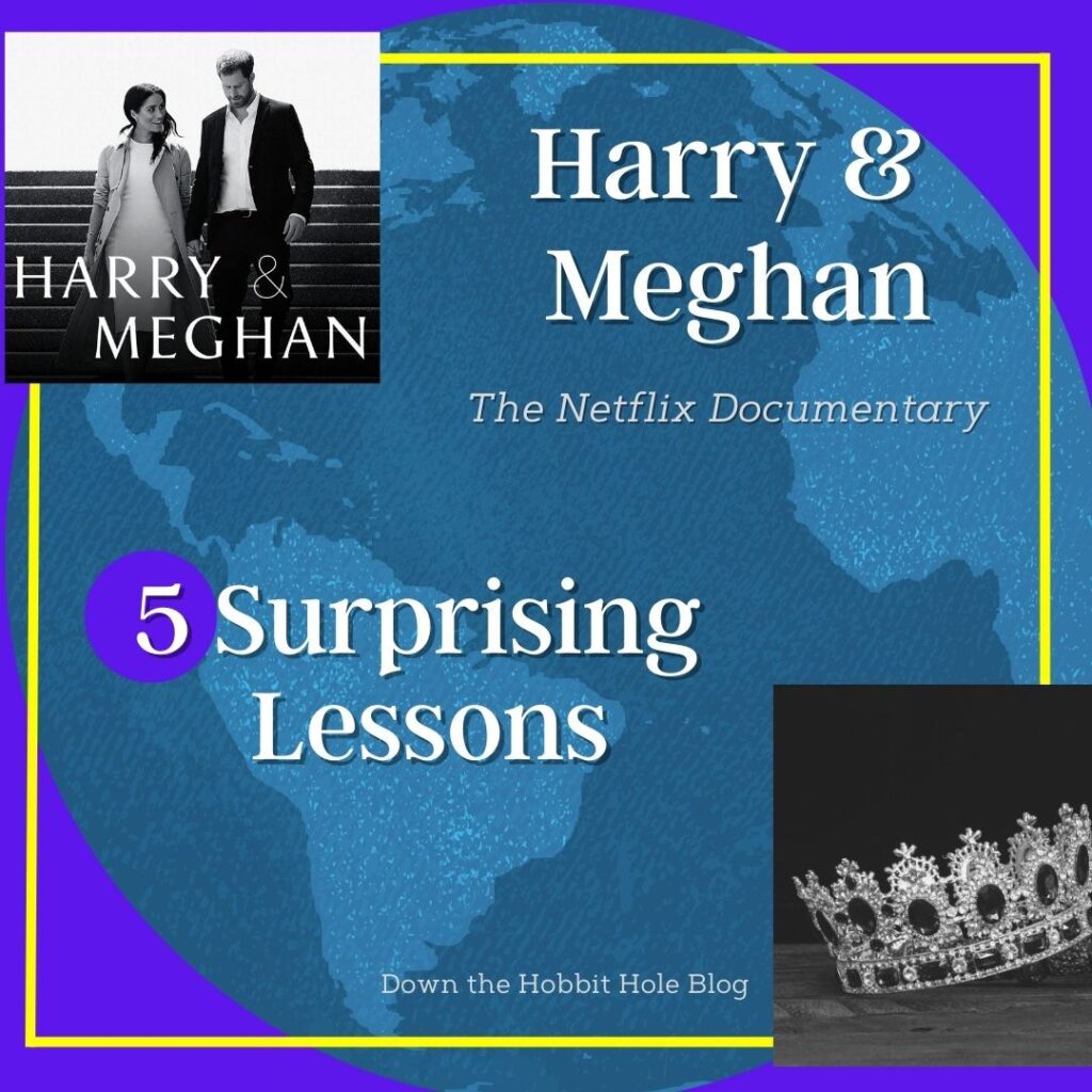 The Harry and Meghan Documentary: 5 Surprising Lessons to Discuss Instagram image on a blue background with their picture and a crown. 