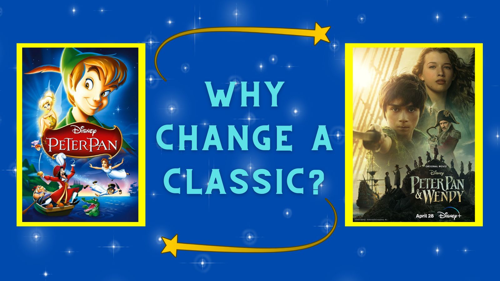 why change a classic peter pan and wendy changes title on a blue background with both movie posters