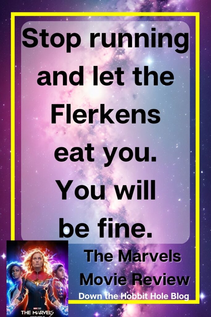 Is The Marvels a Good Movie to Watch? Flerkens quote from The Marvels movie pin with galaxy background
