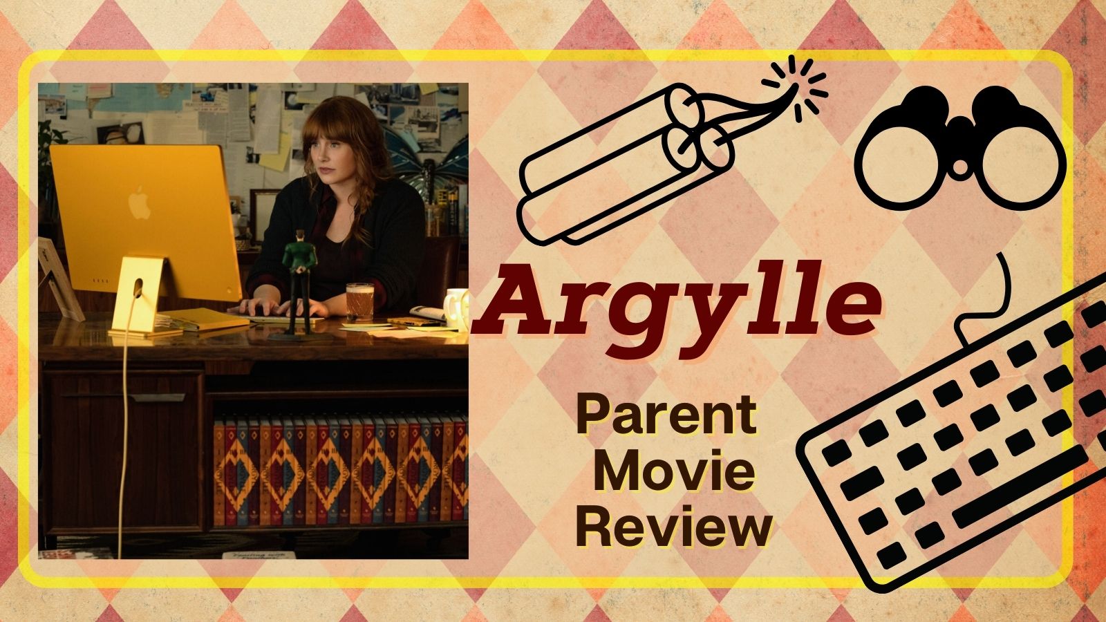 Argylle parent review title image on red and orange argyle background