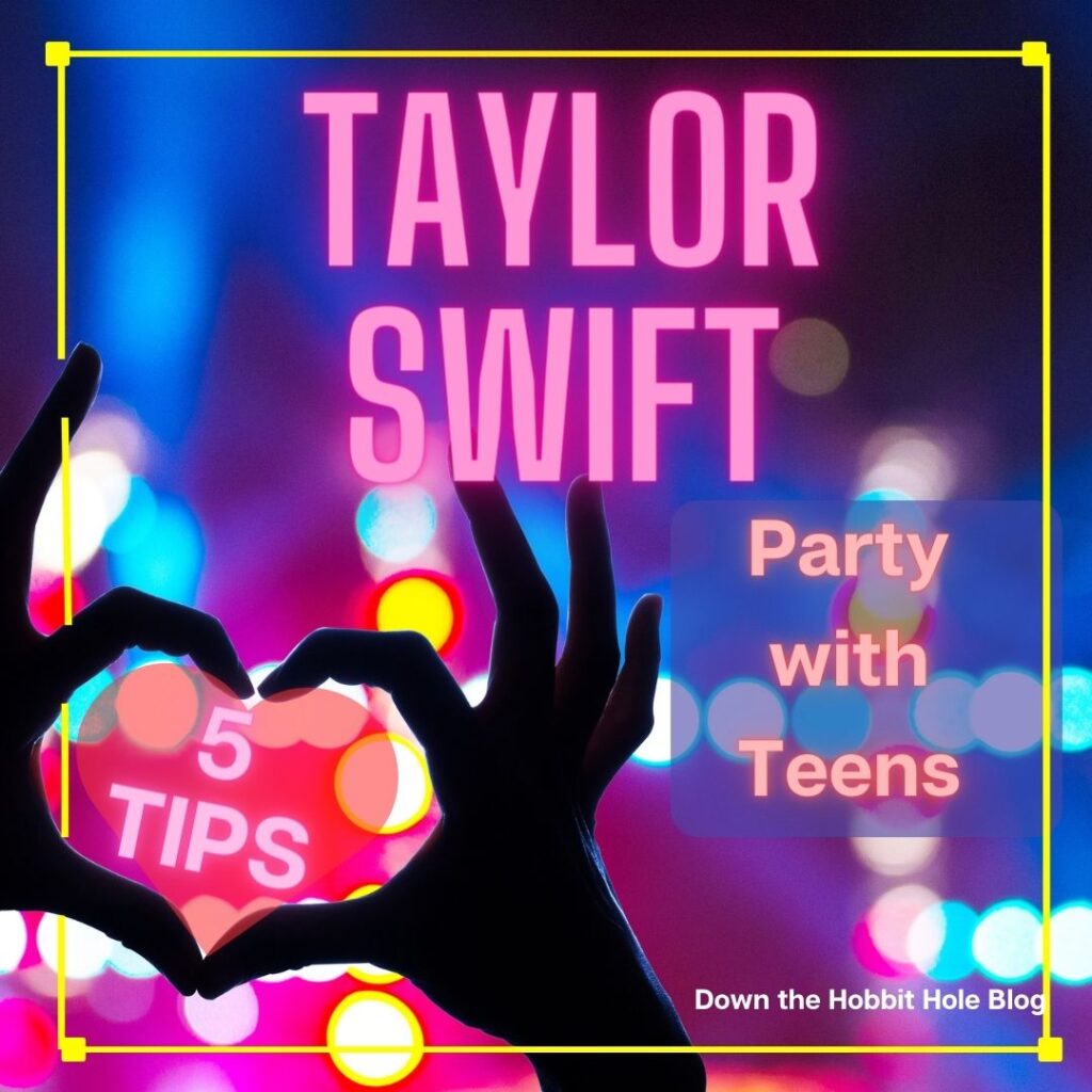 Taylor Swift party with your teens for the era tours movie or a non explicit tortured poets department track list. Picture with neon letters on a dark background. 
