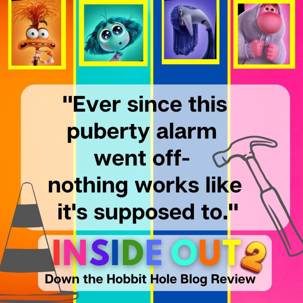 Puberty alarm quote from Inside Out 2 on colorful background 