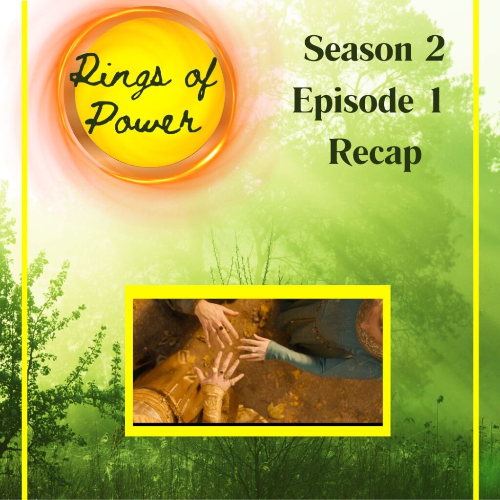 The Rings of Power Season 2 episode 1 recap image with three hands with the 3 Elf rings. Image provided by Amazon Studios. 