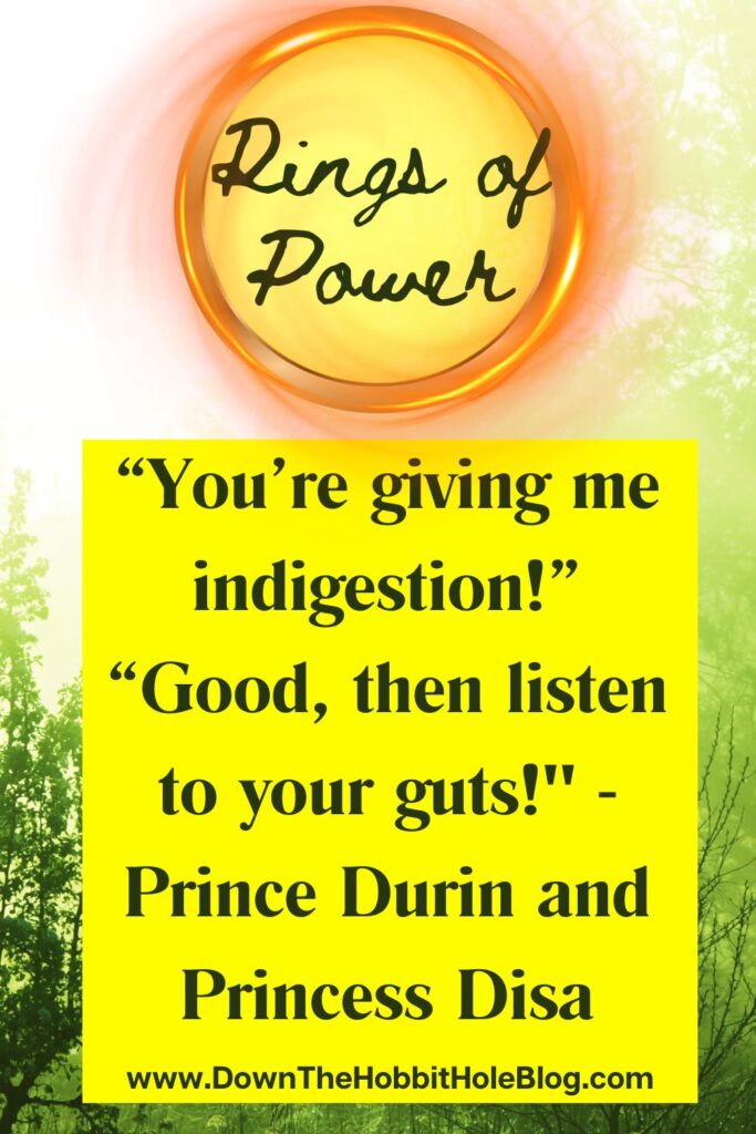 Listen to your guts Disa quote from The Rings of Power Season 2 Episode 2. Quote on image in front of a forest. 